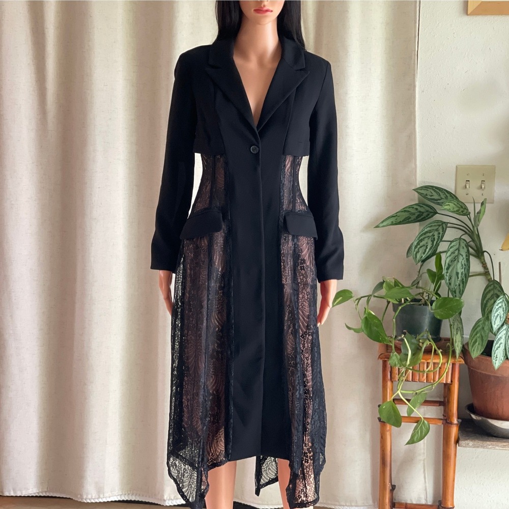 NWOT Anthropologie Black Lace Twofer Blazer Midi Dress Long Sleeve Gothic US 00 - Picture 2 of 13